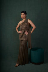 Bronze Draped Corset With Gharara