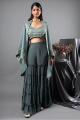 Jade Mirror Blouse, Sharara and Cape Set