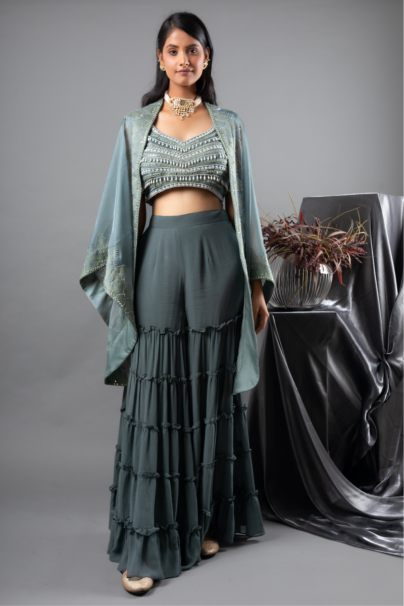 Jade Mirror Blouse, Sharara and Cape Set