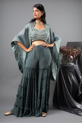 Jade Mirror Blouse, Sharara and Cape Set