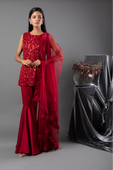 Garnet Kurta, Gharara and Dupatta Set