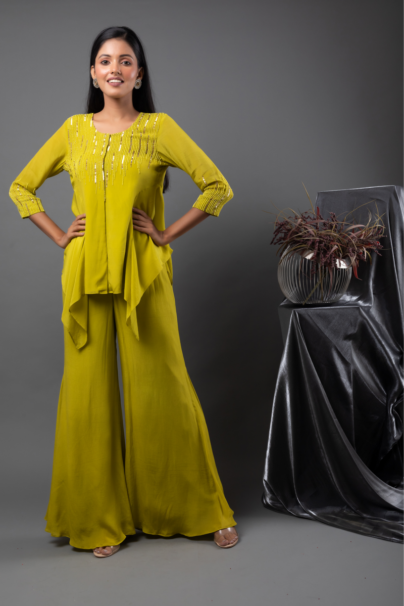 Lime Godet Kurta with Flare Pants