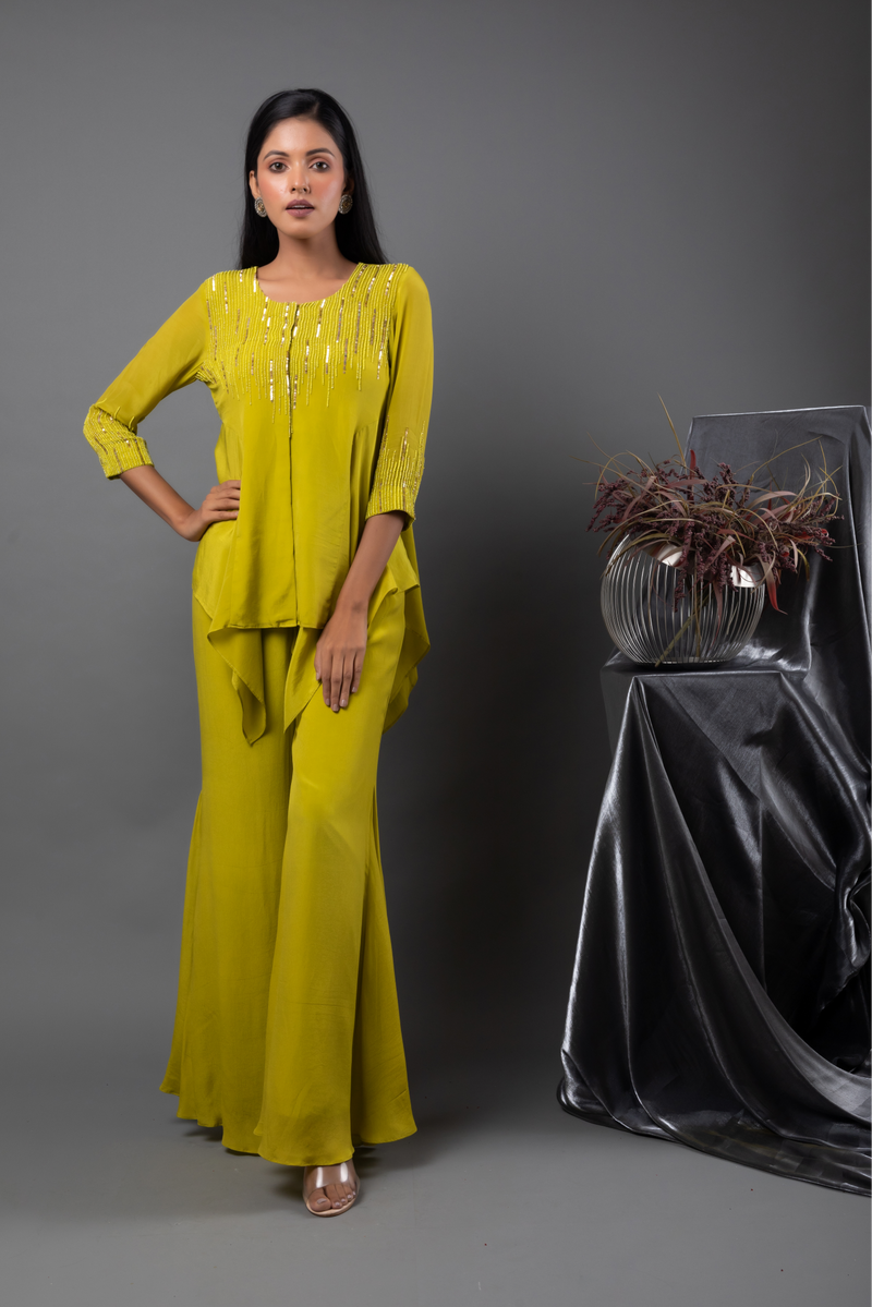 Lime Godet Kurta with Flare Pants