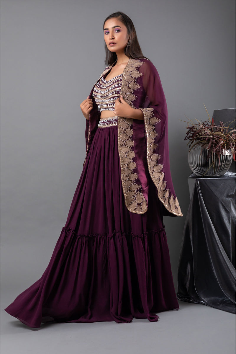 Sangria Mirror Blouse, Lehenga and Cape Set