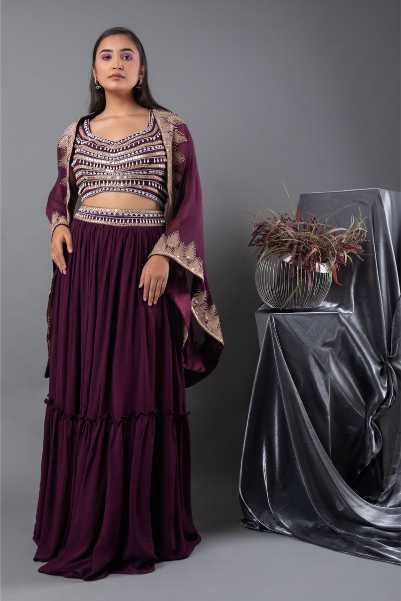 Sangria Mirror Blouse, Lehenga and Cape Set