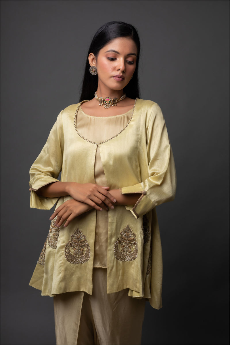 Cardamom Zardozi Kurta and Dhoti Set