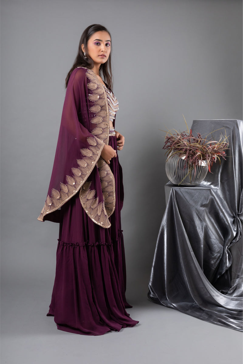 Sangria Mirror Blouse, Lehenga and Cape Set