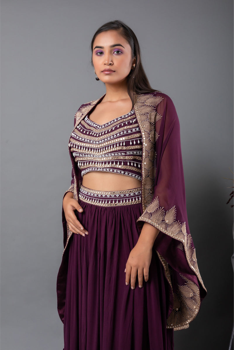 Sangria Mirror Blouse, Lehenga and Cape Set